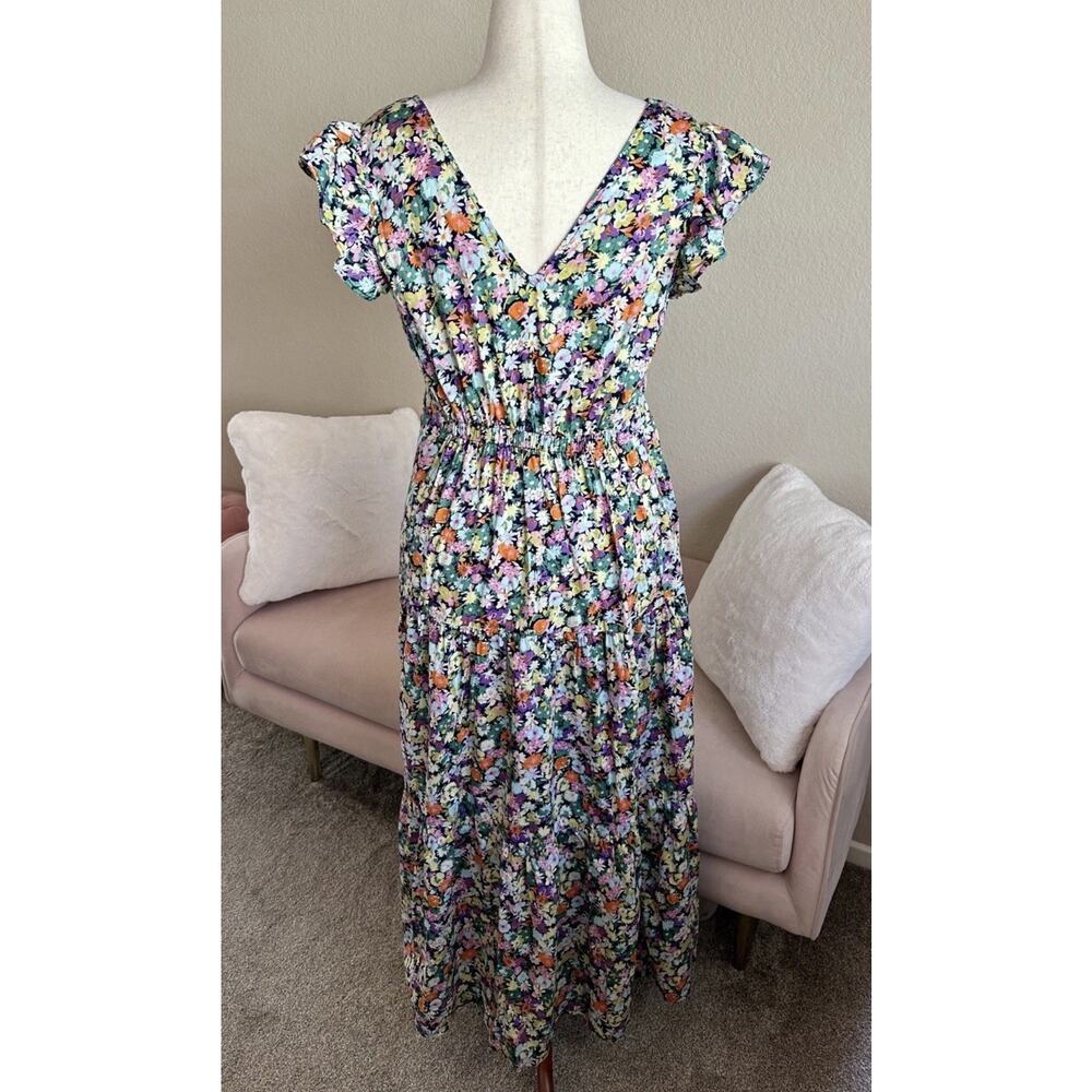 Gap Cotton Maxi Dress Colorful Floral Keyhole Tie Front Women’s L Cottagecore - Picture 2 of 13
